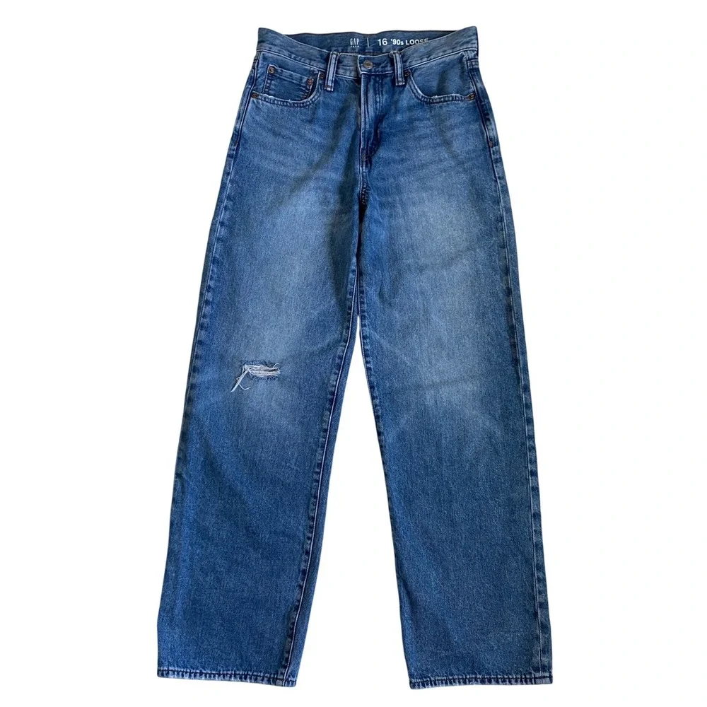 Gap Teen 90s Loose Fit Distressed Blue Jeans Size 16 Medium Destroy 824650-00